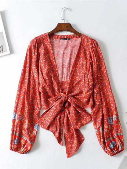 Vintage Chic Fashion Women Floral Print Rayon Bohemian Blouse Ladies Loose Crop Top Long Sleeve Boho Shirts Kimono Cover-Ups