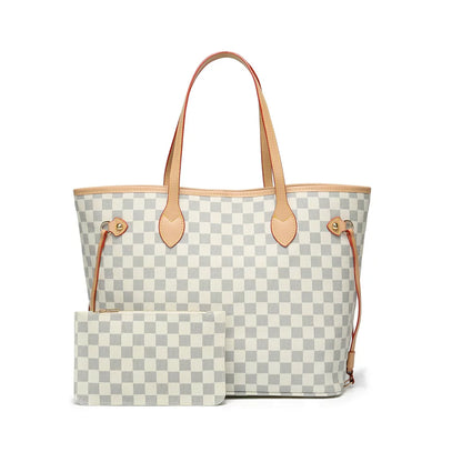 TWENTY FOUR Womens Checkered Tote Shoulder Bag with Inner Pouch - PU Vegan Leather Shoulder Satchel Fashion Bags -Cream Checkered