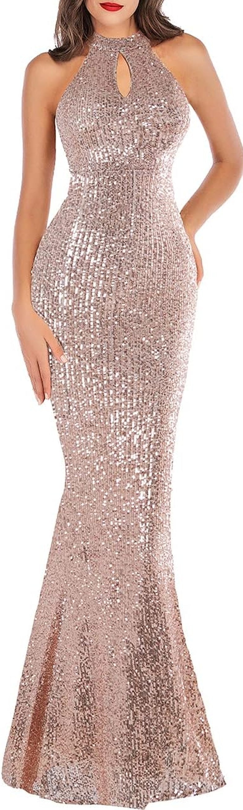 Women Evening Party Dress Sequin Sleeveless Dress Halter Neck Maxi Long Dress Formal Party Prom Gowns