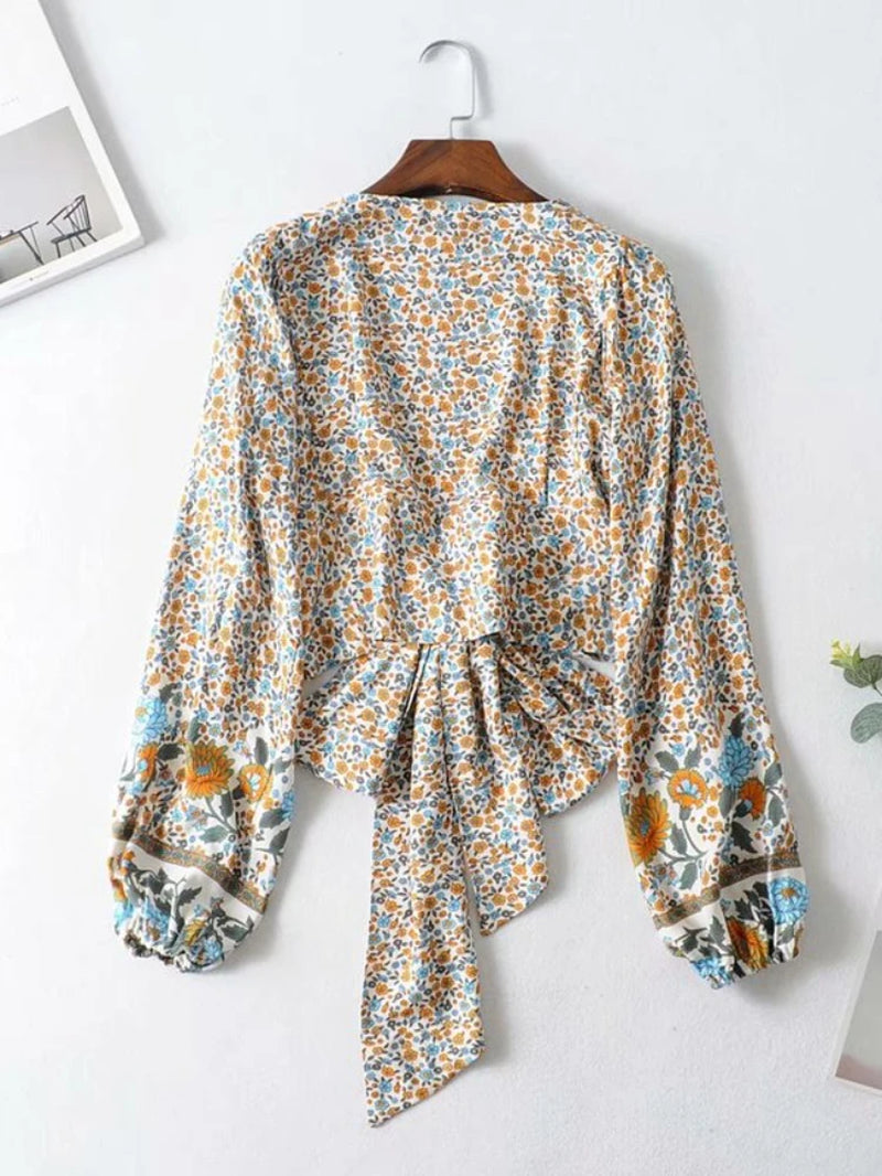 Vintage Chic Fashion Women Floral Print Rayon Bohemian Blouse Ladies Loose Crop Top Long Sleeve Boho Shirts Kimono Cover-Ups