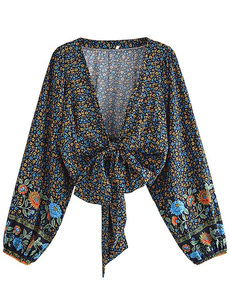 Vintage Chic Fashion Women Floral Print Rayon Bohemian Blouse Ladies Loose Crop Top Long Sleeve Boho Shirts Kimono Cover-Ups