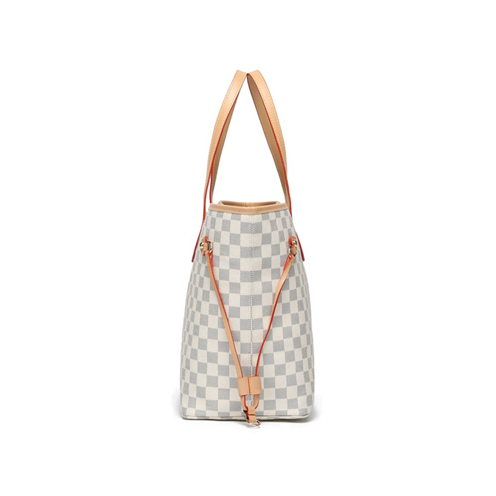 TWENTY FOUR Womens Checkered Tote Shoulder Bag with Inner Pouch - PU Vegan Leather Shoulder Satchel Fashion Bags -Cream Checkered