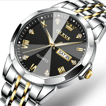 Watch for Men Diamond Luxury Casual Two Tone Stainless Steel Date Quartz Watch Waterproof Luminous, Gifts for Men, Adult Male Wristwatch