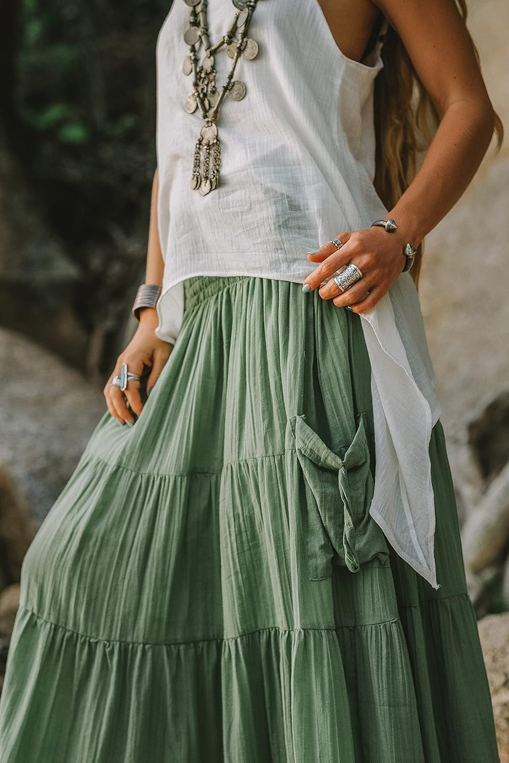 Women'S Bohemian Maxi Cotton Skirt with Pockets Elastic Waist