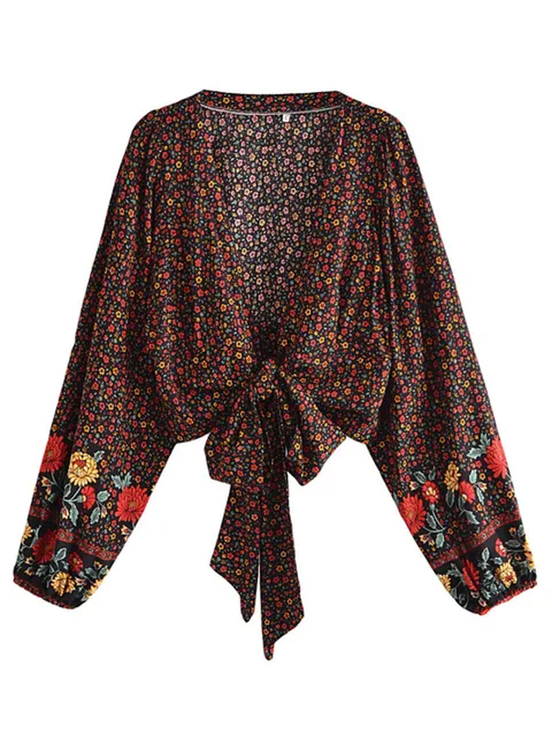 Vintage Chic Fashion Women Floral Print Rayon Bohemian Blouse Ladies Loose Crop Top Long Sleeve Boho Shirts Kimono Cover-Ups