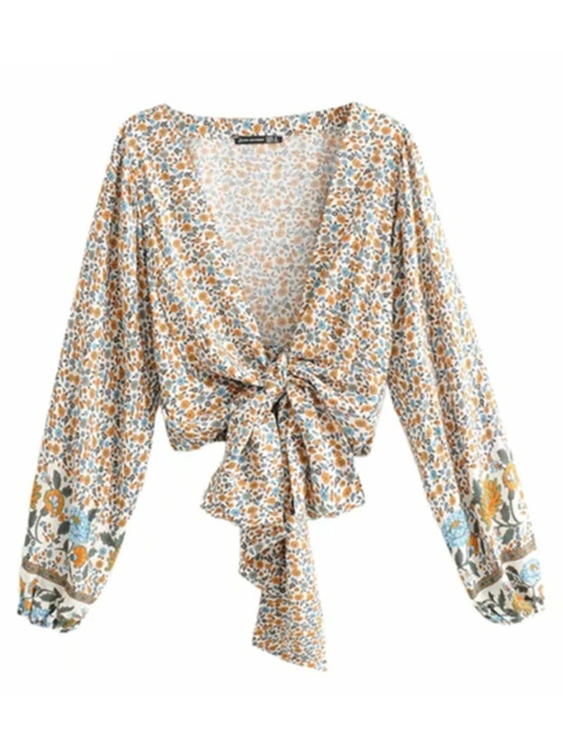 Vintage Chic Fashion Women Floral Print Rayon Bohemian Blouse Ladies Loose Crop Top Long Sleeve Boho Shirts Kimono Cover-Ups