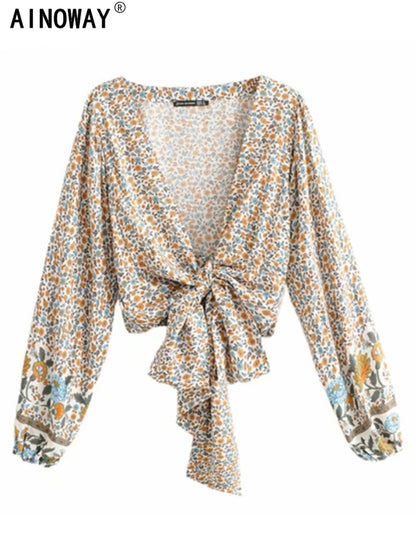 Vintage Chic Fashion Women Floral Print Rayon Bohemian Blouse Ladies Loose Crop Top Long Sleeve Boho Shirts Kimono Cover-Ups