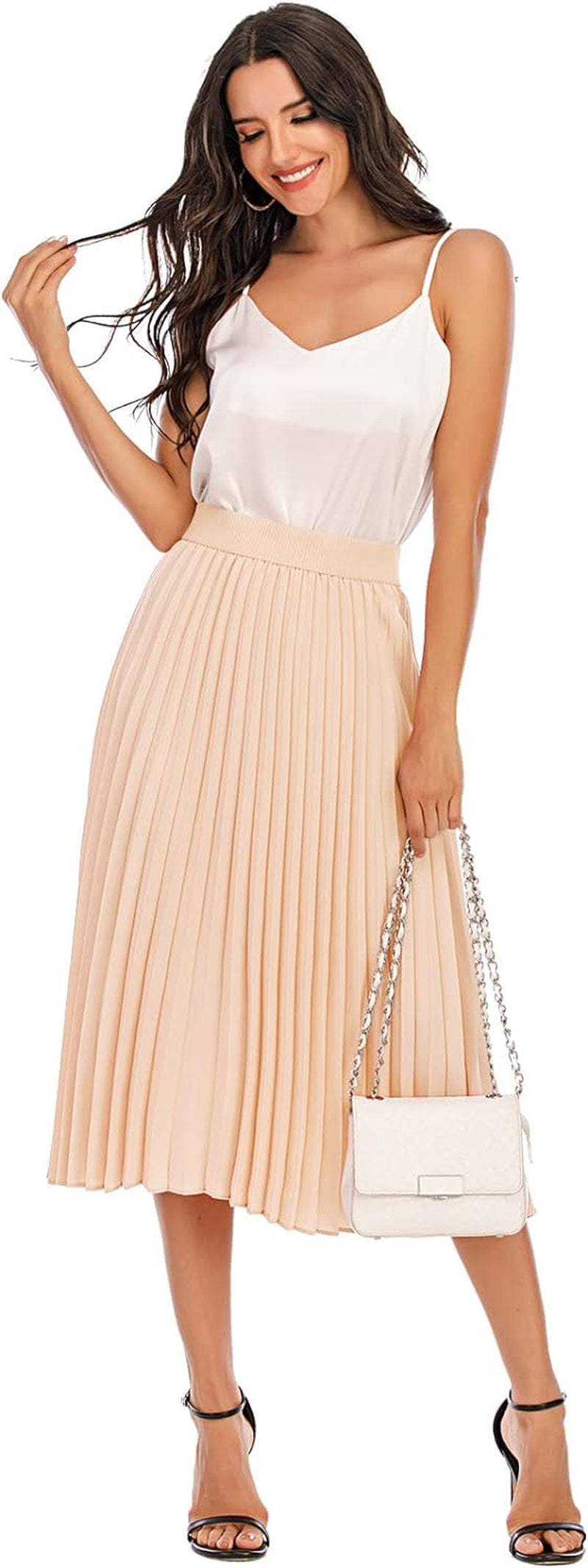 Pleated Midi Skirts for Women Midi Length High Waist A-Line Skirt